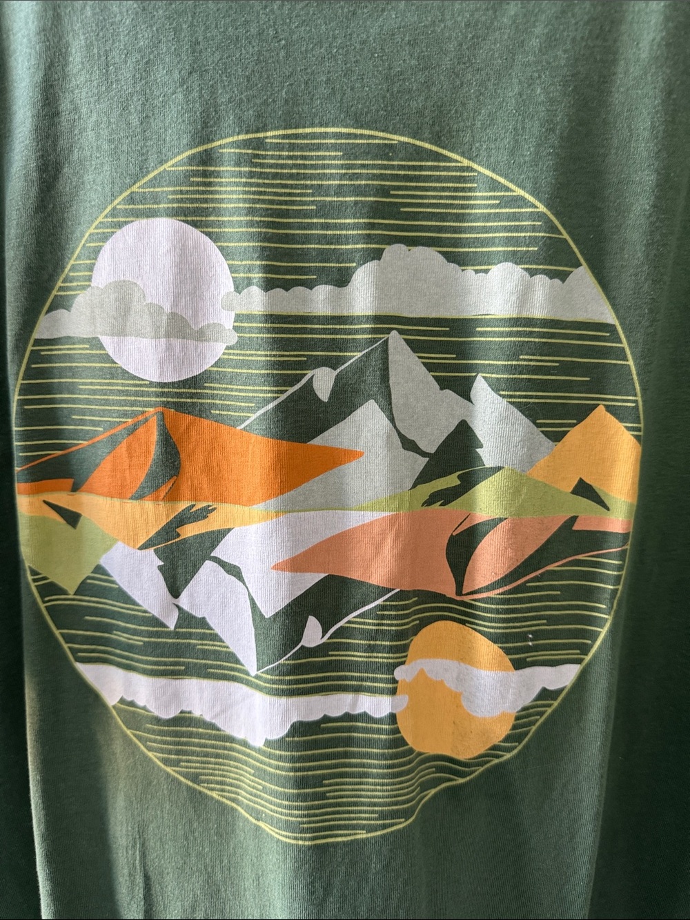 dip Olive Green Graphic Mountain Tee with Orange and Yellow Accents NWOT